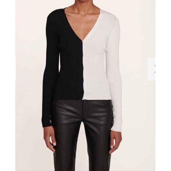 STAUD Cargo Color block Ripped Black And White Button Down Cardigan Pullover S - Picture 1 of 7